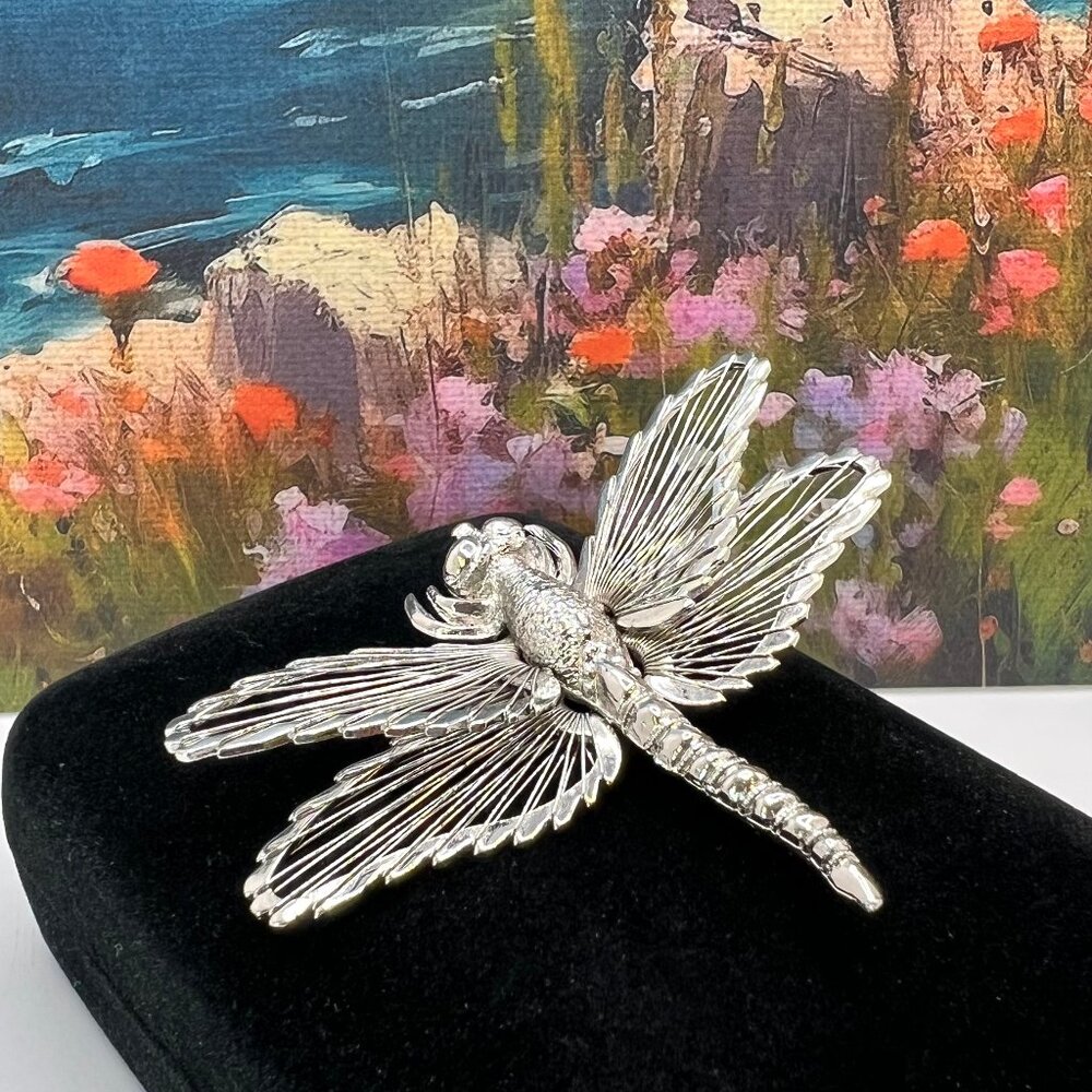 Monet Silver Plate Wire Wing Dragonfly Brooch